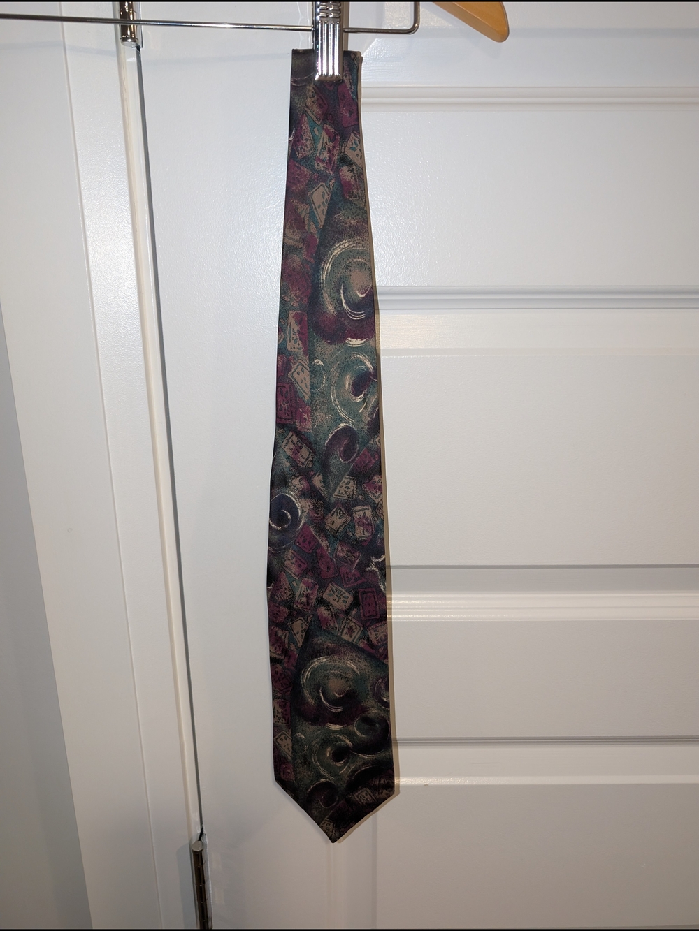 90's Abstract Swirl and Geometric Pattern Men's Tie in Teal and Burgundy